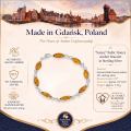 Sunny Baltic Honey Amber Bracelet in Sterling Silver infographic highlighting authentic honey Baltic amber, 925 sterling silver, handcrafted craftsmanship, bracelet dimensions, and Made in Gdańsk, Poland heritage.