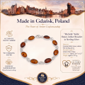 Michelle Baltic Honey Amber Bracelet in Sterling Silver infographic highlighting authentic honey Baltic amber, 925 sterling silver, handcrafted craftsmanship, bracelet dimensions, and Made in Gdańsk, Poland heritage.