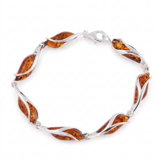 Elena Baltic Honey Amber Bracelet in Sterling Silver featuring genuine honey Baltic amber gemstones set in polished 925 sterling silver, isolated on a white background.