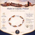Elena Baltic Honey Amber Bracelet in Sterling Silver infographic highlighting authentic honey Baltic amber, 925 sterling silver, handcrafted craftsmanship, bracelet dimensions, and Made in Gdańsk, Poland heritage.