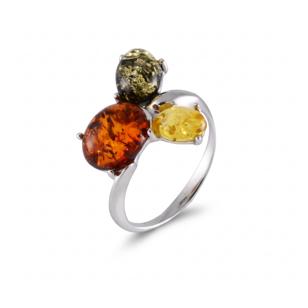 Kayla Multicolor Baltic Amber Ring in Sterling Silver featuring genuine multicolor Baltic amber gemstones set in polished 925 sterling silver, isolated on a white background.