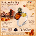 Kayla Multicolor Baltic Amber Ring in Sterling Silver infographic highlighting authentic multicolor Baltic amber, 925 sterling silver, handcrafted craftsmanship, ring dimensions, and Made in Gdańsk, Poland heritage.