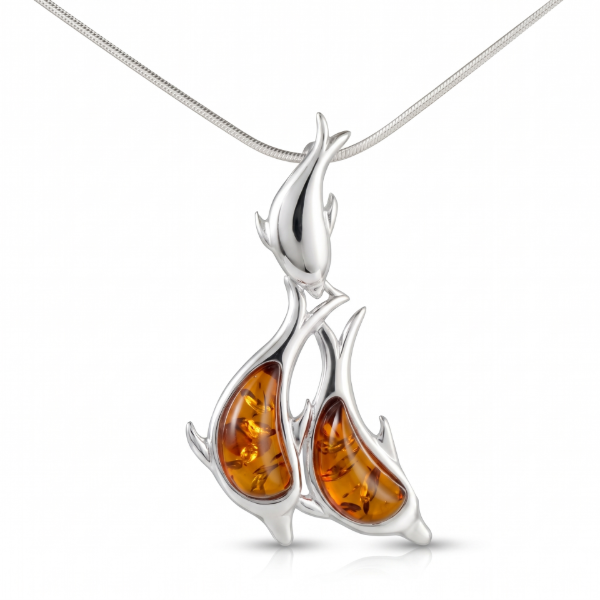 Dolphins Baltic Honey Amber Necklace in Sterling Silver featuring genuine honey Baltic amber set in a polished 925 sterling silver dolphin-inspired design, isolated on a white background.