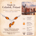 Julianne Baltic Honey Amber Necklace in Sterling Silver infographic highlighting authentic honey Baltic amber, 925 sterling silver, handcrafted craftsmanship, necklace dimensions, and Made in Gdańsk, Poland heritage.