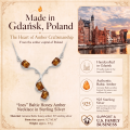 Ines Baltic Honey Amber Necklace in Sterling Silver infographic highlighting authentic honey Baltic amber, 925 sterling silver, handcrafted craftsmanship, necklace dimensions, and Made in Gdańsk, Poland heritage.