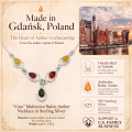 Lina Multicolor Baltic Amber Necklace in Sterling Silver infographic highlighting authentic multicolor Baltic amber, 925 sterling silver, handcrafted craftsmanship, necklace dimensions, and Made in Gdańsk, Poland heritage.