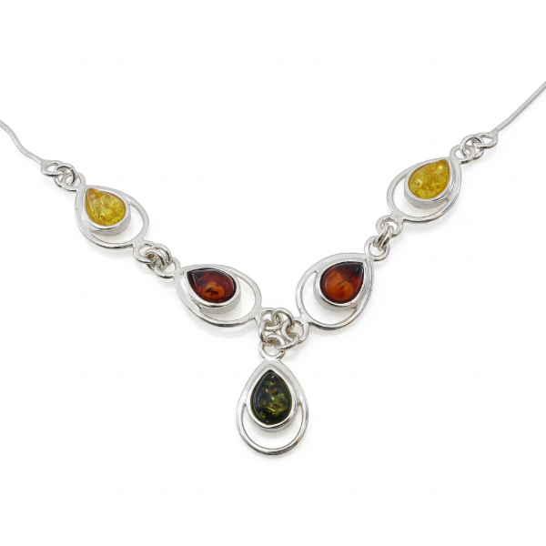 Lina Multicolor Baltic Amber Necklace in Sterling Silver featuring genuine multicolor Baltic amber gemstones set in polished 925 sterling silver, isolated on a white background.