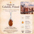 Tina Baltic Amber Pendant in Sterling Silver infographic highlighting authentic Baltic amber, 925 sterling silver, handcrafted craftsmanship, pendant dimensions, and Made in Gdańsk, Poland heritage.