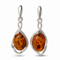 Mia Baltic Honey Amber Earrings in Sterling Silver featuring genuine honey Baltic amber gemstones set in polished 925 sterling silver, isolated on a white background.