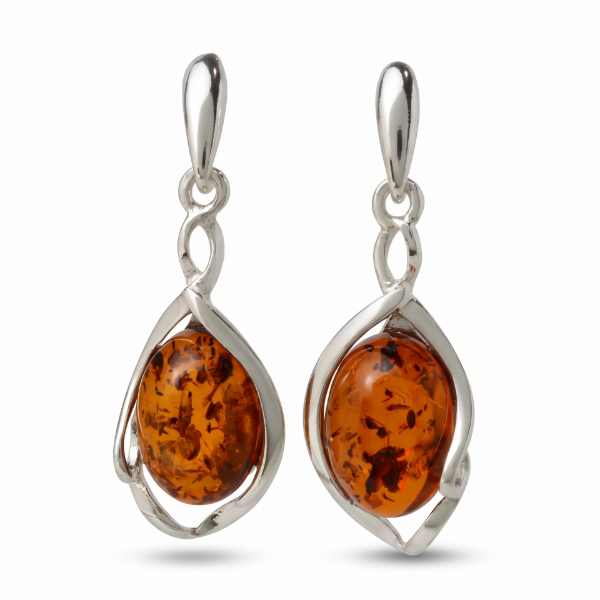 Mia Baltic Honey Amber Earrings in Sterling Silver featuring genuine honey Baltic amber gemstones set in polished 925 sterling silver, isolated on a white background.