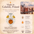 Baltic Honey Amber Heart Pendant in Sterling Silver infographic highlighting authentic honey Baltic amber, 925 sterling silver, heart-shaped design, handcrafted craftsmanship, pendant dimensions, and Made in Gdańsk, Poland heritage.