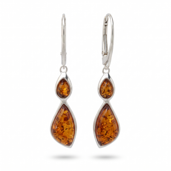 Baltic Honey Amber Drop Earrings in Sterling Silver featuring genuine honey Baltic amber gemstones set in polished 925 sterling silver, isolated on a white background.Baltic Honey Amber Drop Earrings in Sterling Silver featuring genuine honey Baltic amber gemstones set in polished 925 sterling silver, isolated on a white background.