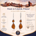 Baltic Honey Amber Drop Earrings in Sterling Silver infographic highlighting authentic honey Baltic amber, 925 sterling silver, handcrafted craftsmanship, earring dimensions, and Made in Gdańsk, Poland heritage.