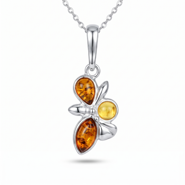 Martina Multicolor Baltic Amber Pendant in Sterling Silver featuring genuine multicolor Baltic amber gemstones set in polished 925 sterling silver, isolated on a white background.