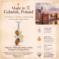 Martina Multicolor Baltic Amber Pendant in Sterling Silver infographic highlighting authentic multicolor Baltic amber, 925 sterling silver, handcrafted craftsmanship, pendant dimensions, and Made in Gdańsk, Poland heritage.