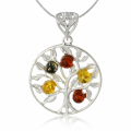 Wisdom Tree Multicolor Baltic Amber Pendant in Sterling Silver featuring genuine multicolor Baltic amber gemstones set in a polished 925 sterling silver tree-inspired design, isolated on a white background.