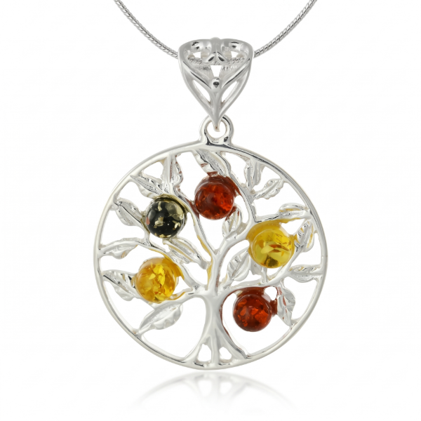 Wisdom Tree Multicolor Baltic Amber Pendant in Sterling Silver featuring genuine multicolor Baltic amber gemstones set in a polished 925 sterling silver tree-inspired design, isolated on a white background.