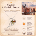 Multicolor Baltic Amber Heart Necklace in Sterling Silver infographic highlighting authentic multicolor Baltic amber, 925 sterling silver, heart-shaped design, handcrafted craftsmanship, necklace dimensions, and Made in Gdańsk, Poland heritage.