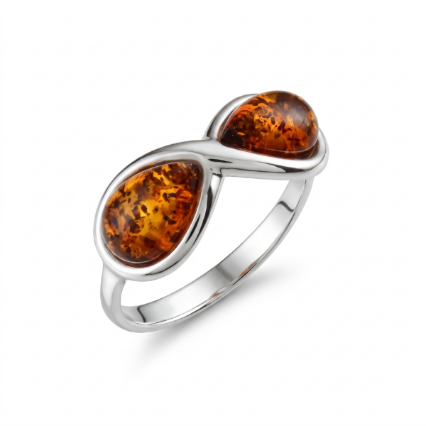 Infinity Baltic Honey Amber Ring in Sterling Silver featuring genuine honey Baltic amber set in polished 925 sterling silver, isolated on a white background.