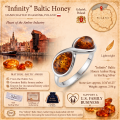 Infinity Baltic Honey Amber Ring in Sterling Silver infographic highlighting authentic honey Baltic amber, 925 sterling silver, infinity-inspired design, handcrafted craftsmanship, ring dimensions, and Made in Gdańsk, Poland heritage.