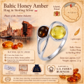 Baltic Honey Amber Ring in Sterling Silver infographic highlighting authentic honey Baltic amber, 925 sterling silver, handcrafted craftsmanship, ring dimensions, and Made in Gdańsk, Poland heritage.