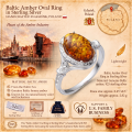 Baltic Honey Amber Ring in Sterling Silver infographic highlighting authentic honey Baltic amber, 925 sterling silver, handcrafted craftsmanship, ring dimensions, and Made in Gdańsk, Poland heritage.