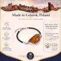 Baltic Honey Amber Adjustable Bracelet in Sterling Silver infographic highlighting authentic honey Baltic amber, 925 sterling silver, adjustable design, handcrafted craftsmanship, bracelet dimensions, and Made in Gdańsk, Poland heritage.