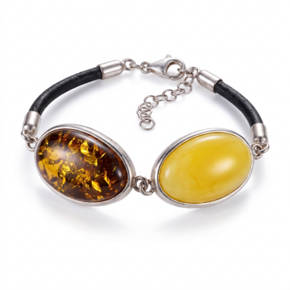 Baltic Honey Amber Adjustable Bracelet in Sterling Silver featuring genuine honey Baltic amber gemstones set in polished 925 sterling silver, isolated on a white background.