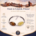Baltic Honey Amber Adjustable Bracelet in Sterling Silver infographic highlighting authentic honey Baltic amber, 925 sterling silver, adjustable design, handcrafted craftsmanship, bracelet dimensions, and Made in Gdańsk, Poland heritage.