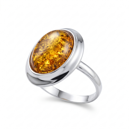 Aine Baltic Honey Amber Oval Ring in Sterling Silver featuring genuine oval-shaped honey Baltic amber set in polished 925 sterling silver, isolated on a white background.