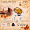 Aine Baltic Honey Amber Oval Ring in Sterling Silver infographic highlighting authentic honey Baltic amber, 925 sterling silver, handcrafted craftsmanship, ring dimensions, and Made in Gdańsk, Poland heritage.