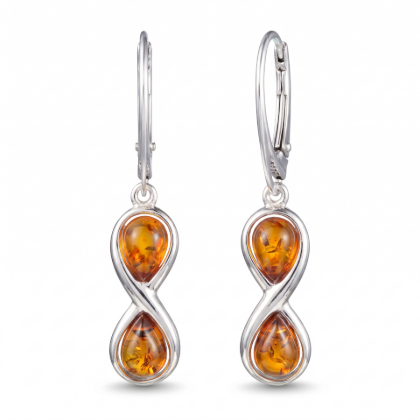 Infinity Baltic Honey Amber Earrings in Sterling Silver featuring genuine honey Baltic amber gemstones set in polished 925 sterling silver, isolated on a white background.