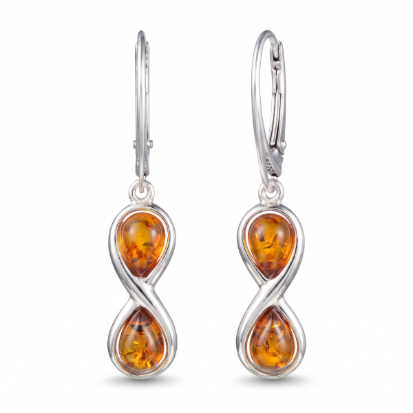 Infinity Baltic Honey Amber Earrings in Sterling Silver featuring genuine honey Baltic amber gemstones set in polished 925 sterling silver, isolated on a white background.