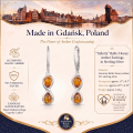 Infinity Baltic Honey Amber Earrings in Sterling Silver infographic highlighting authentic honey Baltic amber, 925 sterling silver, infinity-inspired design, handcrafted craftsmanship, earring dimensions, and Made in Gdańsk, Poland heritage.