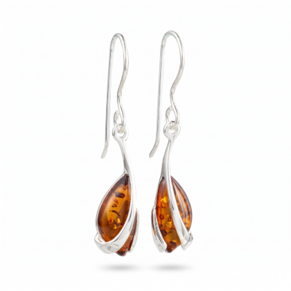 Baltic Honey Amber Drop Earrings in Sterling Silver featuring genuine honey Baltic amber gemstones set in polished 925 sterling silver, isolated on a white background.