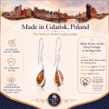 Baltic Honey Amber Drop Earrings in Sterling Silver infographic highlighting authentic honey Baltic amber, 925 sterling silver, handcrafted craftsmanship, earring dimensions, and Made in Gdańsk, Poland heritage.