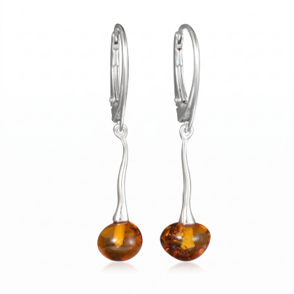 Baltic Honey Amber Drop Earrings in Sterling Silver featuring genuine honey Baltic amber gemstones set in polished 925 sterling silver, isolated on a white background.