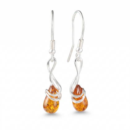 Sanchia Baltic Honey Amber Drop Earrings in Sterling Silver featuring genuine honey Baltic amber gemstones set in polished 925 sterling silver, isolated on a white background.