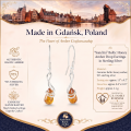 Sanchia Baltic Honey Amber Drop Earrings in Sterling Silver infographic highlighting authentic honey Baltic amber, 925 sterling silver, handcrafted craftsmanship, earring dimensions, and Made in Gdańsk, Poland heritage.