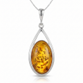 Emma Baltic Honey Amber Oval Pendant in Sterling Silver featuring genuine oval-shaped honey Baltic amber set in polished 925 sterling silver, isolated on a white background.