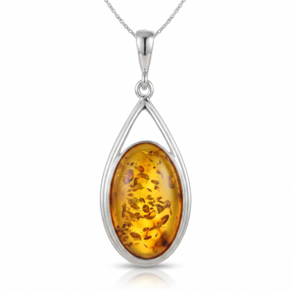 Emma Baltic Honey Amber Oval Pendant in Sterling Silver featuring genuine oval-shaped honey Baltic amber set in polished 925 sterling silver, isolated on a white background.