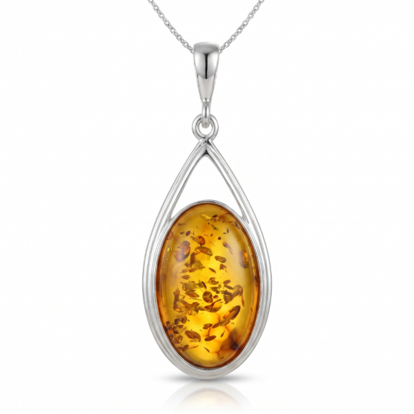 Emma Baltic Honey Amber Oval Pendant in Sterling Silver featuring genuine oval-shaped honey Baltic amber set in polished 925 sterling silver, isolated on a white background.