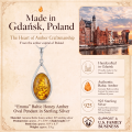 Emma Baltic Honey Amber Oval Pendant in Sterling Silver infographic highlighting authentic honey Baltic amber, 925 sterling silver, handcrafted craftsmanship, pendant dimensions, and Made in Gdańsk, Poland heritage.