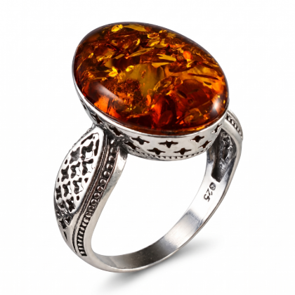 Alaina Baltic Honey Amber Ring in Sterling Silver featuring genuine honey Baltic amber set in polished 925 sterling silver, isolated on a white background.