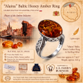 Alaina Baltic Honey Amber Ring in Sterling Silver infographic highlighting authentic honey Baltic amber, 925 sterling silver, handcrafted craftsmanship, ring dimensions, and Made in Gdańsk, Poland heritage.