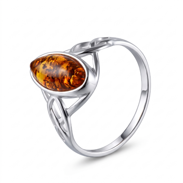Alani Baltic Honey Amber Ring in Sterling Silver featuring genuine honey Baltic amber set in polished 925 sterling silver, isolated on a white background.
