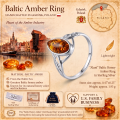 Alani Baltic Honey Amber Ring in Sterling Silver infographic highlighting authentic honey Baltic amber, 925 sterling silver, handcrafted craftsmanship, ring dimensions, and Made in Gdańsk, Poland heritage.