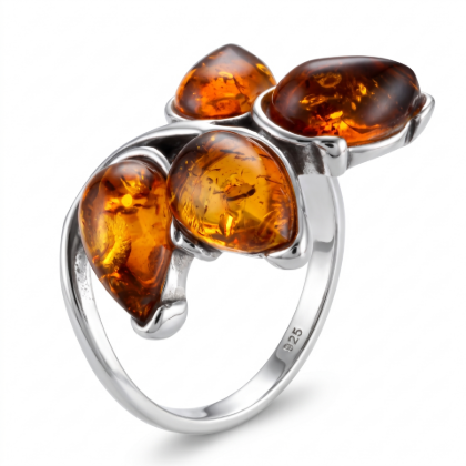 Astrid Baltic Honey Amber Ring in Sterling Silver featuring genuine honey Baltic amber set in polished 925 sterling silver, isolated on a white background.