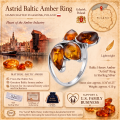 Astrid Baltic Honey Amber Ring in Sterling Silver infographic highlighting authentic honey Baltic amber, 925 sterling silver, handcrafted craftsmanship, ring dimensions, and Made in Gdańsk, Poland heritage.