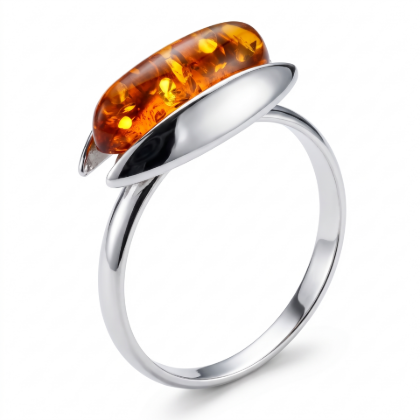 Claire Baltic Honey Amber Ring in Sterling Silver featuring genuine honey Baltic amber set in polished 925 sterling silver, isolated on a white background.